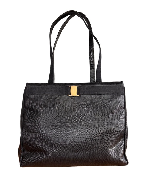 Salvatore Ferragamo Handbags - Salvatore Ferragamo Vintage Vara Tote Black Leather Lizard Embossed Italy